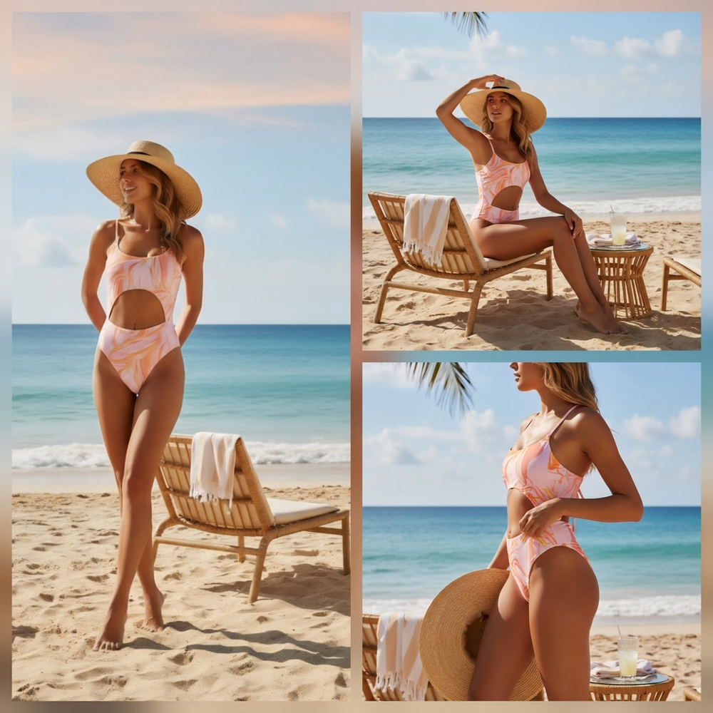 Aqua One piece Swimsuit Bathing Suit LARGE Pink Orange Yellow Swirl - Picture 4 of 16